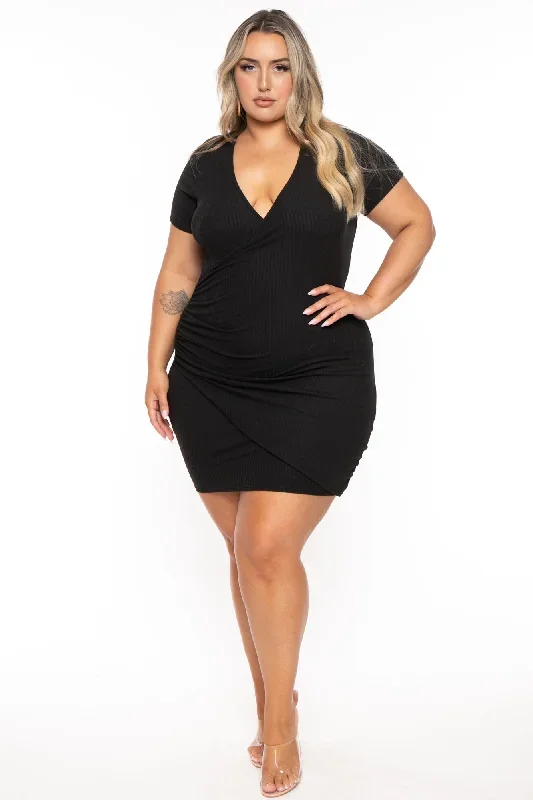 Plus Size Risette Front Drape Dress- Black