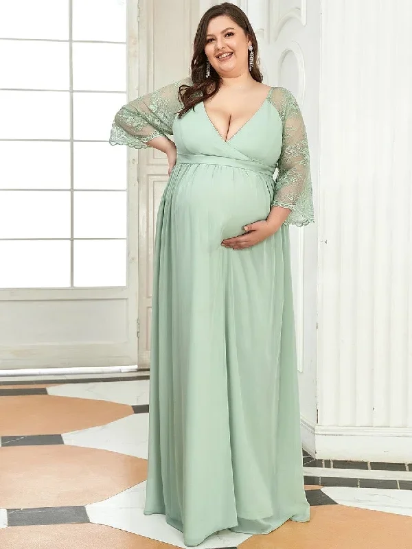 Plus Size V Neck Maternity Formal Dress with Sleeves