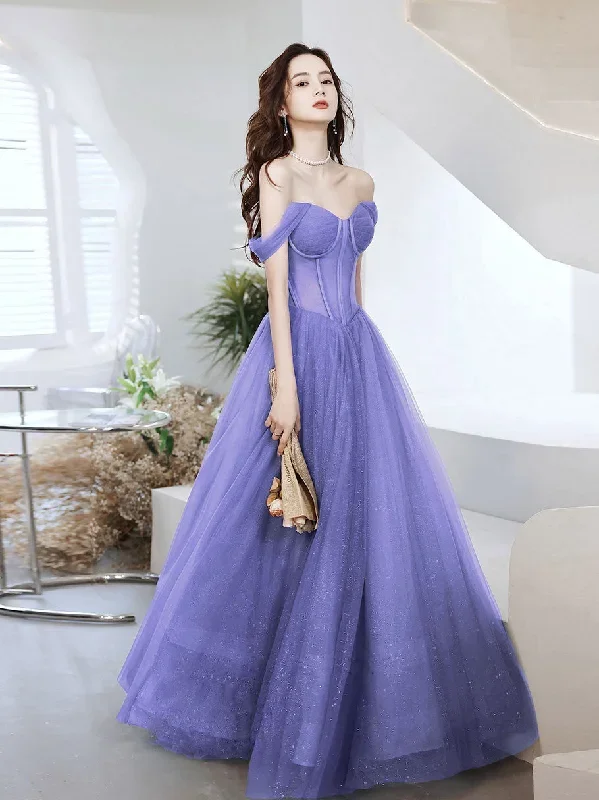 Purple Sweetheart Neck Tulle Long Prom Dress, Purple Formal Evening Graduation Dress