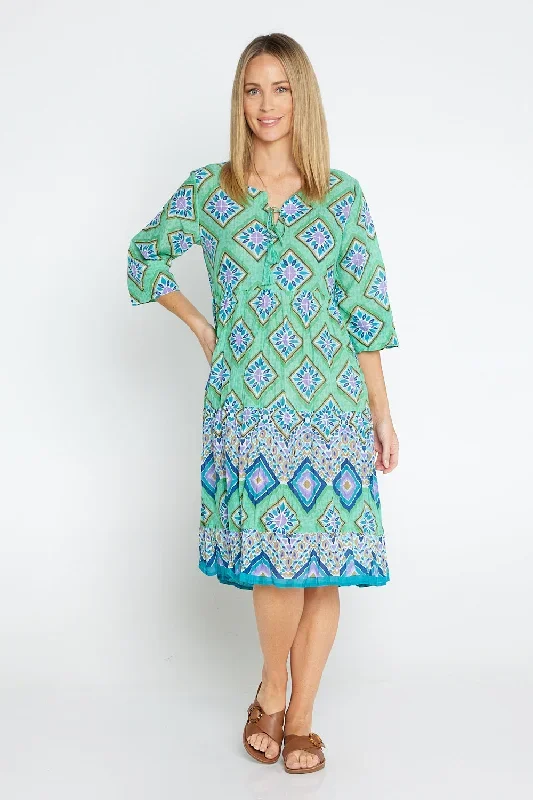 Rebecca Tie Neck Dress - Emerald Mosaic