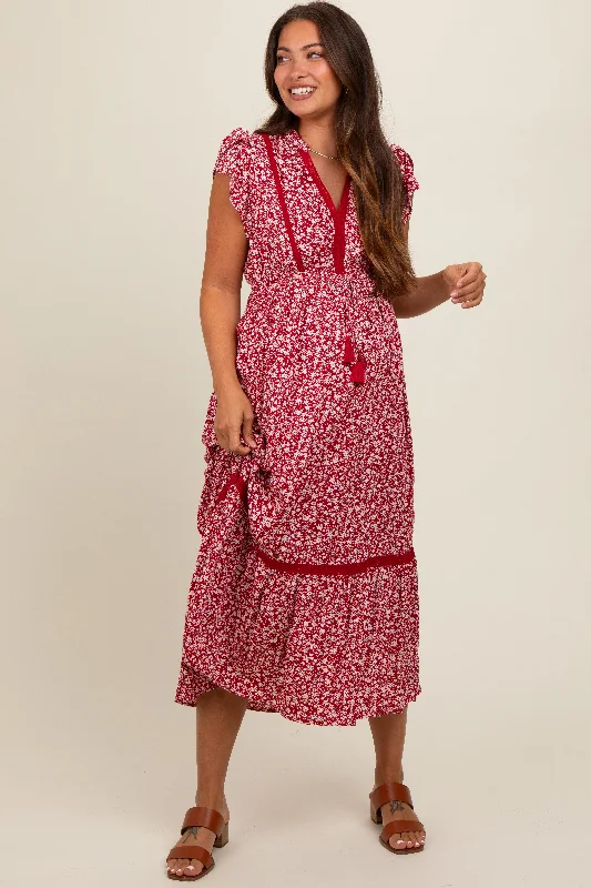 Red Floral Lace Trim Maternity Midi Dress