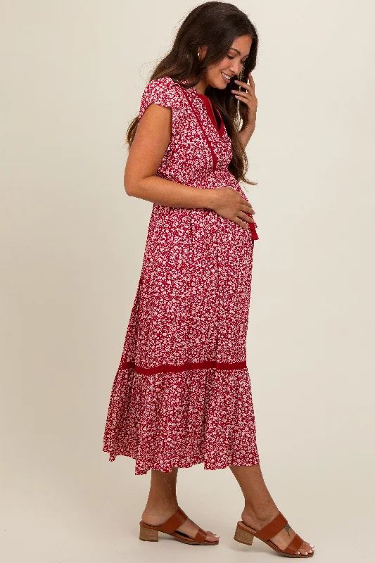 red-floral-lace-trim-maternity-midi-dress