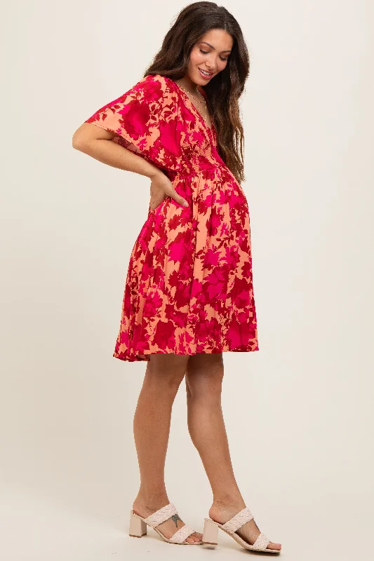 red-leaf-print-smocked-v-neck-maternity-dress