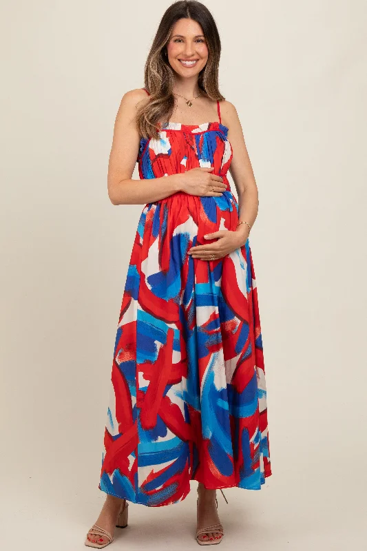 Red Pleated Binding Brushed Print Maternity Maxi Dress