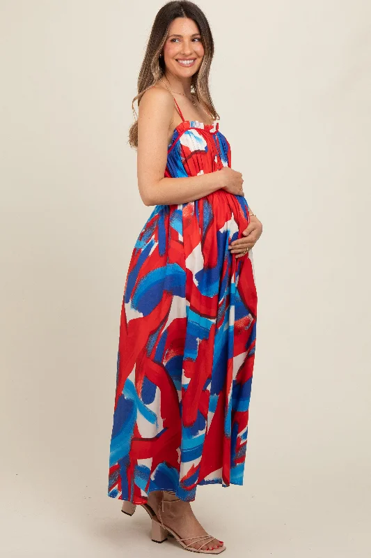 red-pleated-binding-brushed-print-maternity-maxi-dress