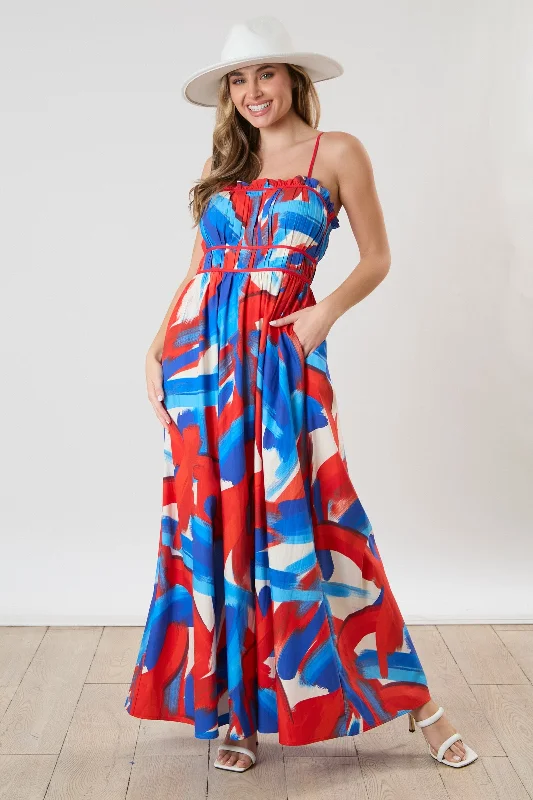 red-pleated-binding-brushed-print-maternity-maxi-dress