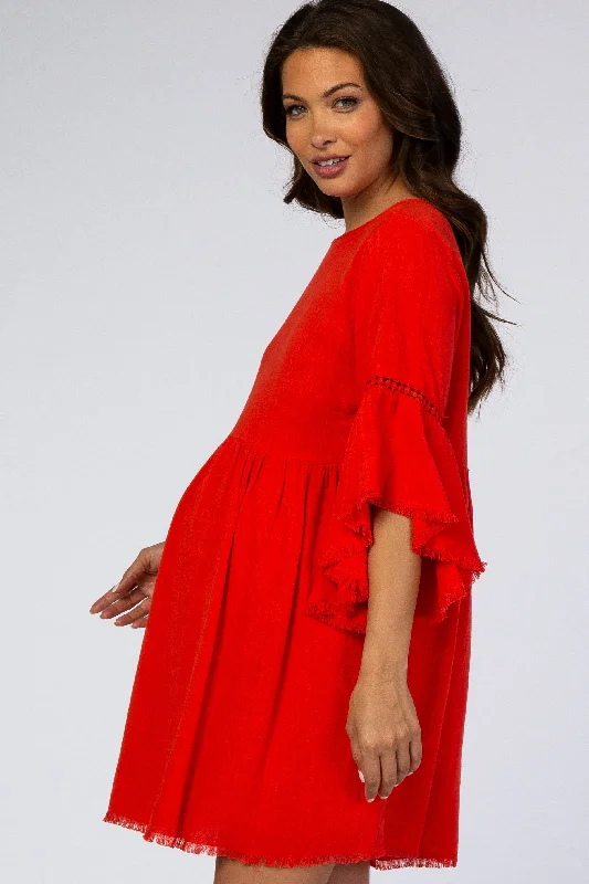 red-raw-edge-bell-sleeve-babydoll-maternity-dress