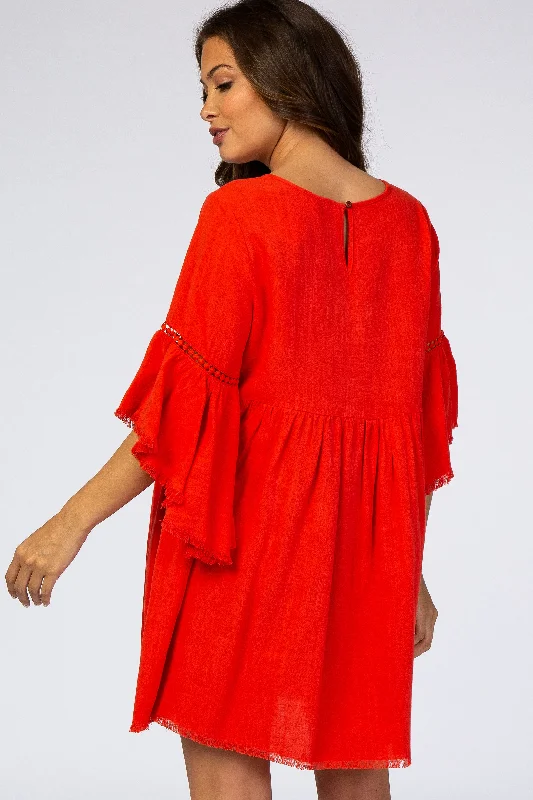 red-raw-edge-bell-sleeve-babydoll-maternity-dress