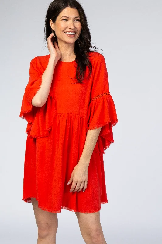 red-raw-edge-bell-sleeve-babydoll-maternity-dress