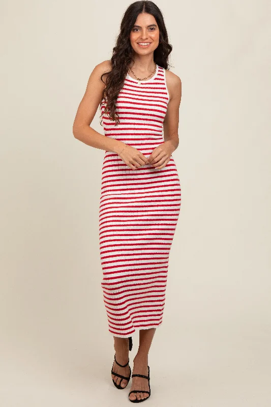 red-sleeveless-round-neck-striped-rib-sweater-maternity-midi-dress