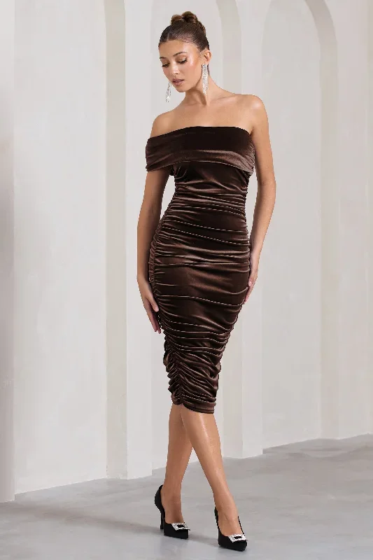 Remember Me | Chocolate Velvet Ruched Asymmetric Bodycon Midi Dress