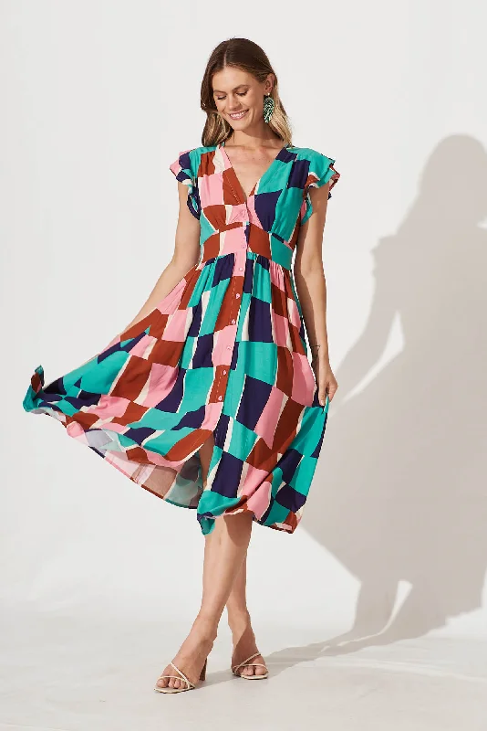 Rita Midi Dress In Multi Abstract Squares Print