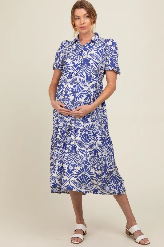 royal-blue-damask-print-button-down-maternity-midi-dress