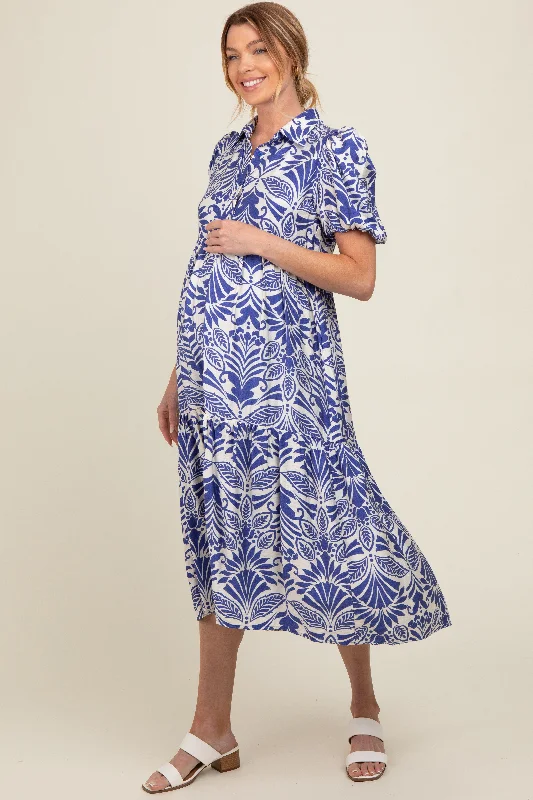 royal-blue-damask-print-button-down-maternity-midi-dress