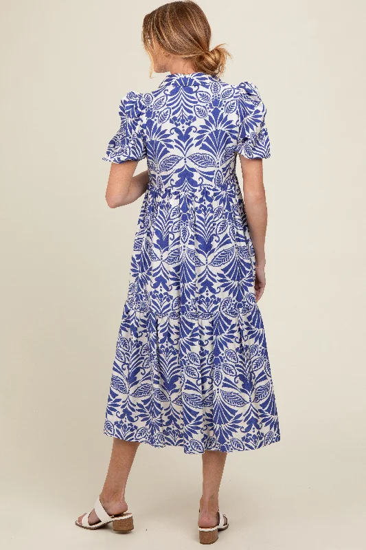 royal-blue-damask-print-button-down-maternity-midi-dress