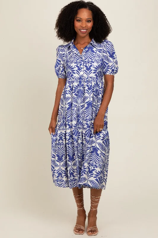 royal-blue-damask-print-button-down-maternity-midi-dress