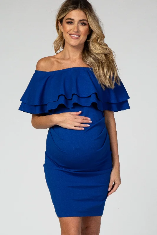 royal-blue-off-shoulder-ruched-maternity-dress