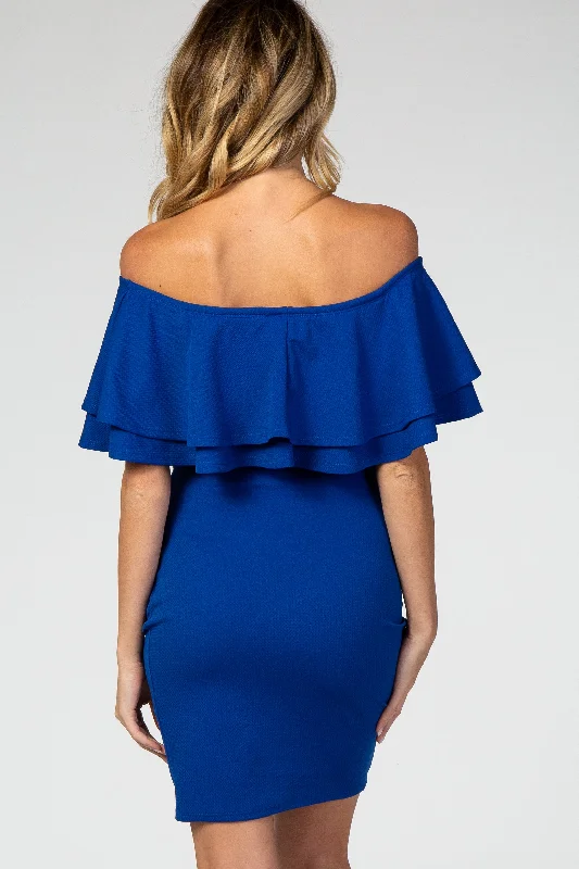 royal-blue-off-shoulder-ruched-maternity-dress