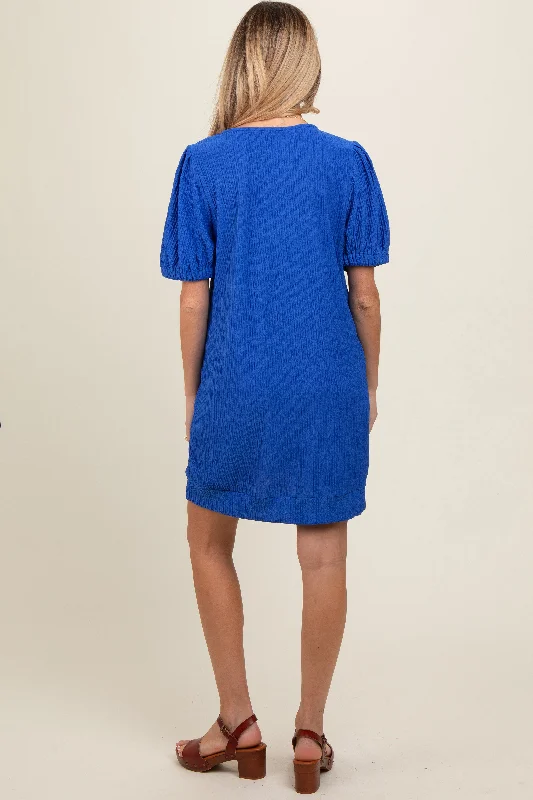 royal-blue-textured-stripe-knit-short-puff-sleeve-maternity-dress