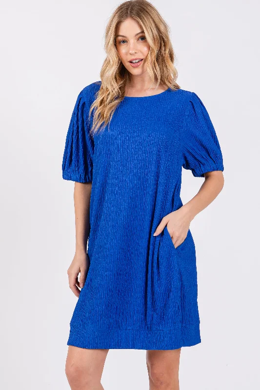 royal-blue-textured-stripe-knit-short-puff-sleeve-maternity-dress