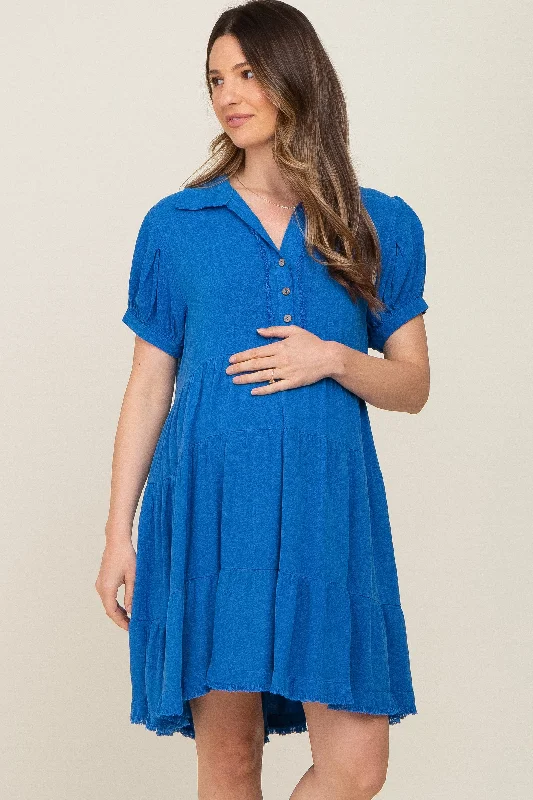 royal-blue-tiered-collared-linen-maternity-dress