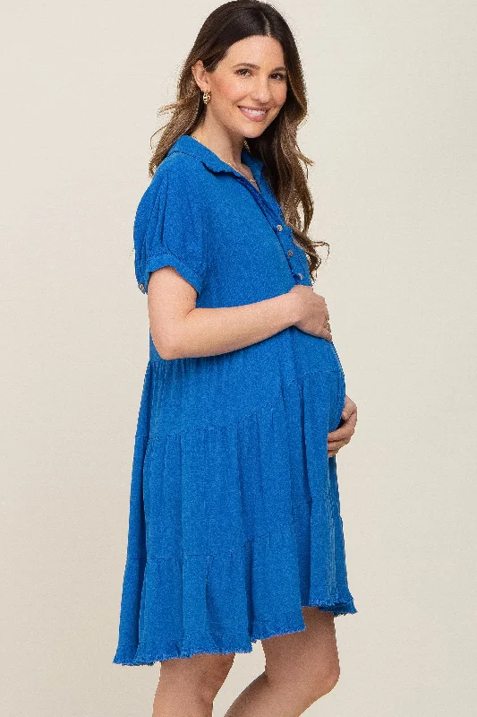 royal-blue-tiered-collared-linen-maternity-dress