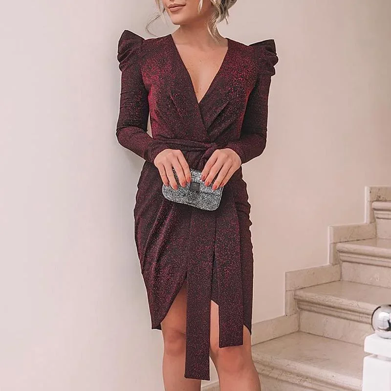 FashionSierra - Ruched shoulder shinny wrap dress women long sleeve dresses Fall asymmetrical tie waist v neck  party dress vestidos mujer