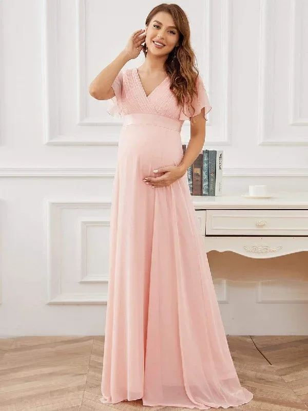 Ruched Bodice Flowy Chiffon Floor-Length Maternity Dress with Sleeves