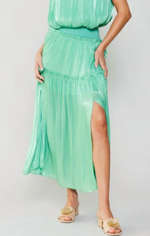 Ruffle Two-Tier Long Skirt W/ Slit In Cool Green