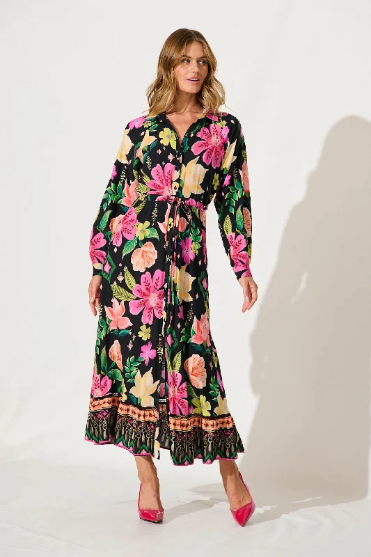 Sanctuary Maxi Shirt Dress In Black With Bright Multi Floral