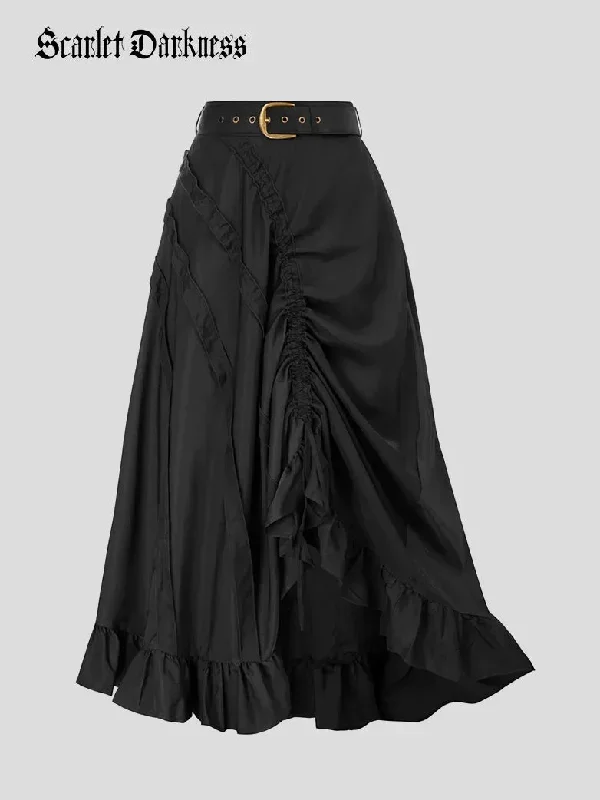 Ruffled Hem Drawstring Flared Maxi Skirt with Belt