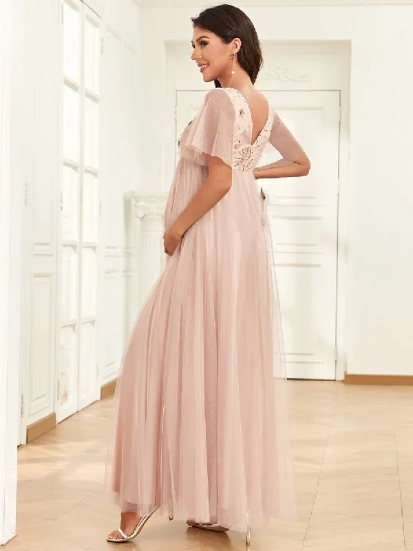 short-sleeve-v-neck-sequin-tulle-a-line-maternity-dress-ey01550