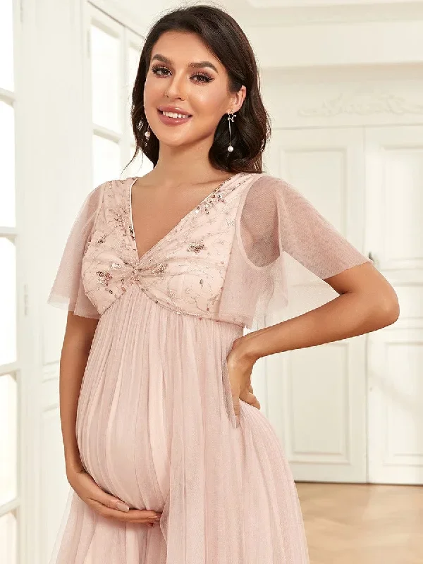 short-sleeve-v-neck-sequin-tulle-a-line-maternity-dress-ey01550