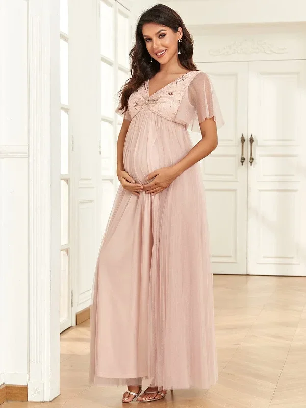 short-sleeve-v-neck-sequin-tulle-a-line-maternity-dress-ey01550