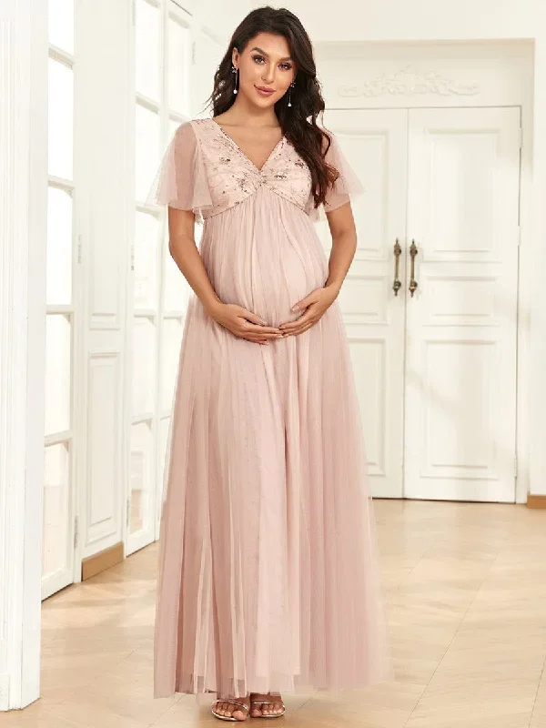 short-sleeve-v-neck-sequin-tulle-a-line-maternity-dress-ey01550