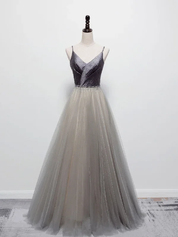 Simple Gray V Neck Tulle Long Prom Dress, Gray A line Gray Formal Dresses