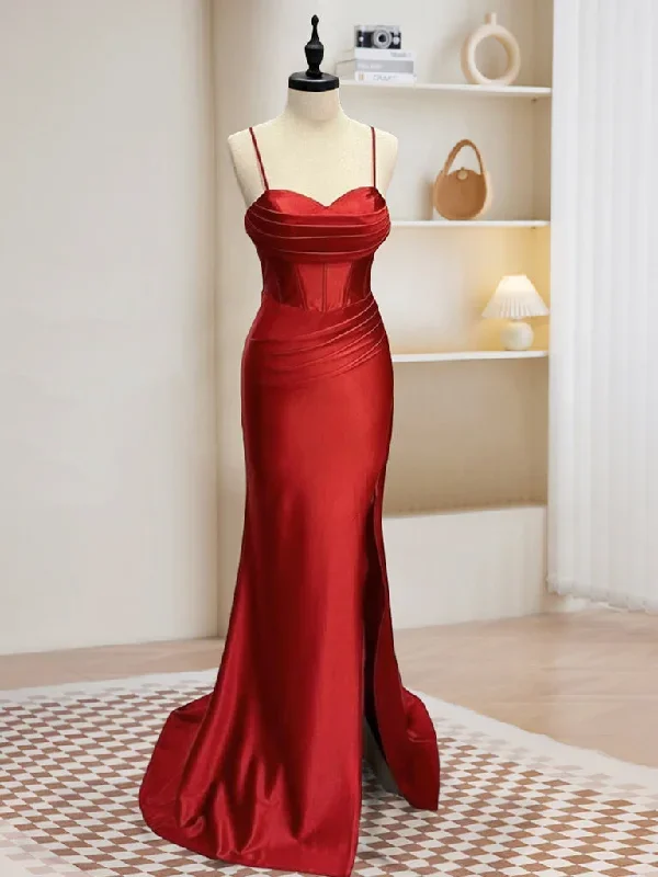 Simple Sweetheart Neck Satin Mermaid Burgundy Long Prom Dress, Burgundy Evening Dress