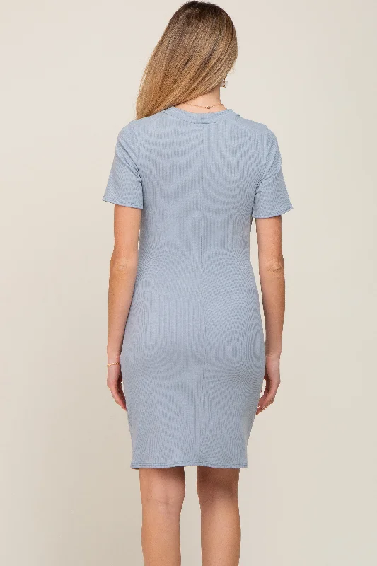 slate-blue-ribbed-ruched-side-fitted-short-sleeve-maternity-dress