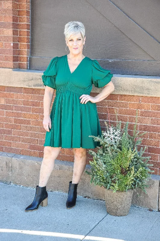 Solid Green V-neck SS Mini Dress