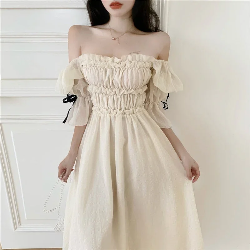 Spring Ruched Dress Women Chic Puff Sleeve  Solid Off Shoulder Fairy Dress Elegant Princess Summer A-Line Dress Femme Robe