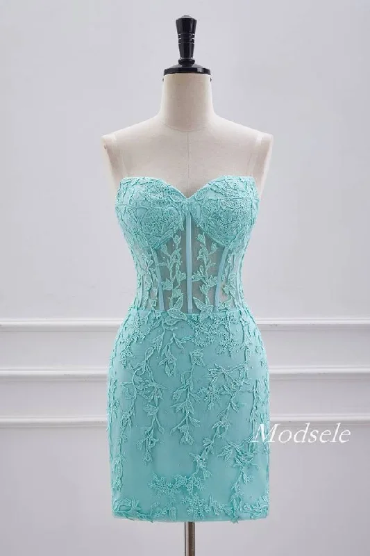 Strapless Aqua Green Applique Tight Homecoming Dress with Lace-up