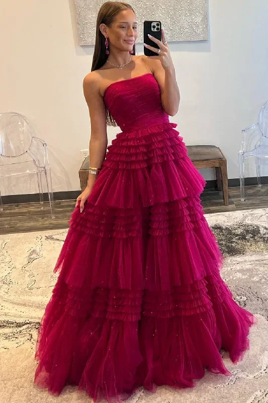 strapless-fuchsia-pleated-tiered-tulle-prom-dress-with-slit