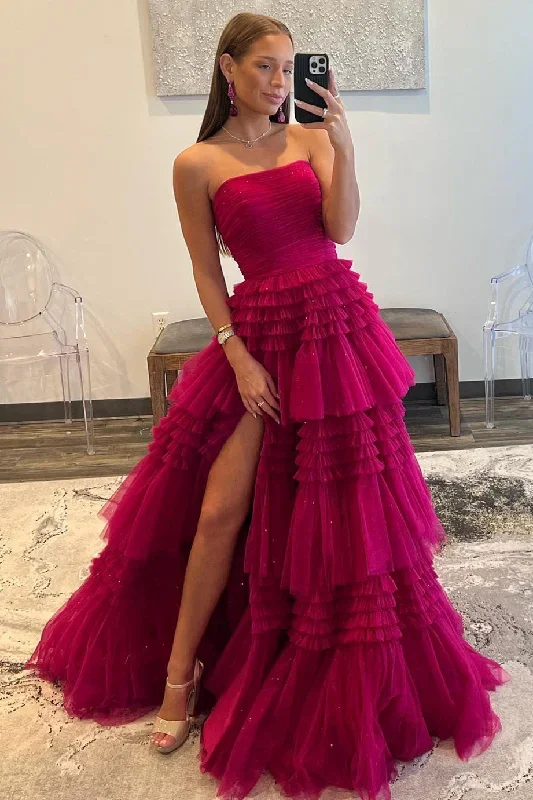 strapless-fuchsia-pleated-tiered-tulle-prom-dress-with-slit