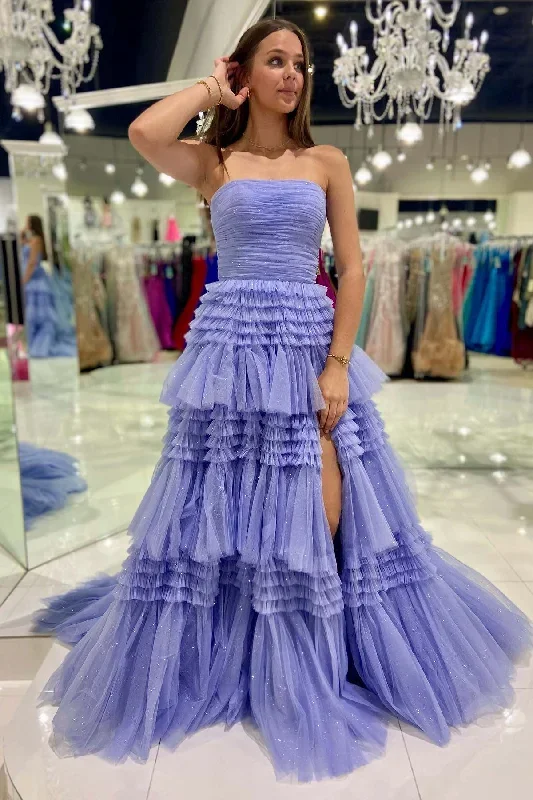 strapless-fuchsia-pleated-tiered-tulle-prom-dress-with-slit