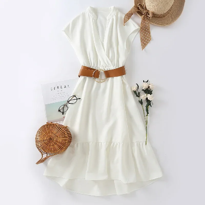 Summer Women's New Style V-neck Belt Accessory Dress