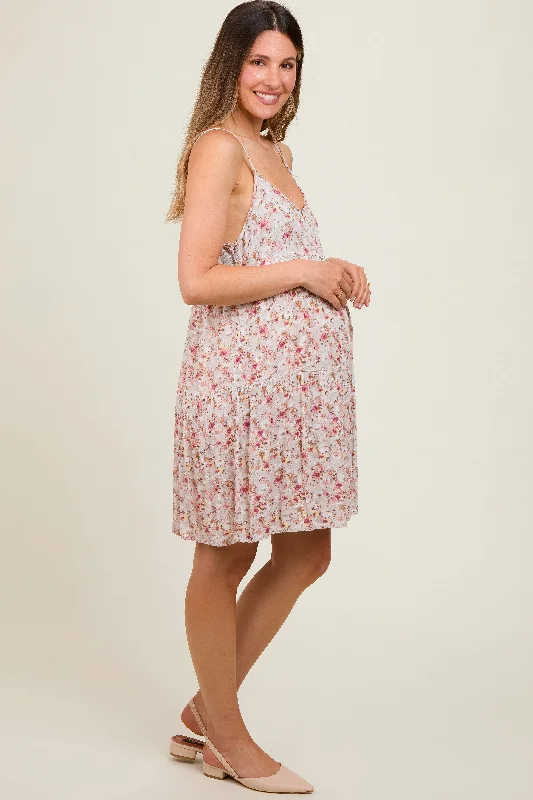 taupe-floral-tiered-maternity-dress