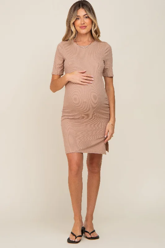 Taupe Ribbed Basic Short Sleeve Maternity Dress