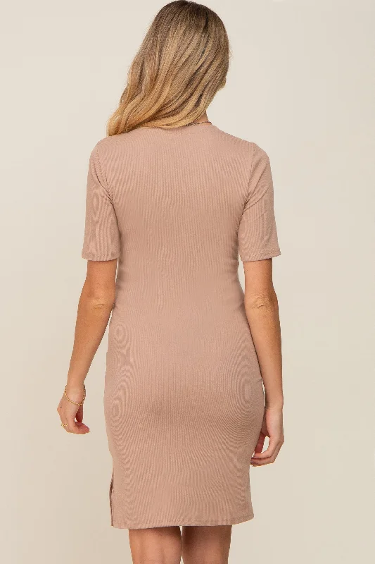 taupe-ribbed-basic-short-sleeve-maternity-dress