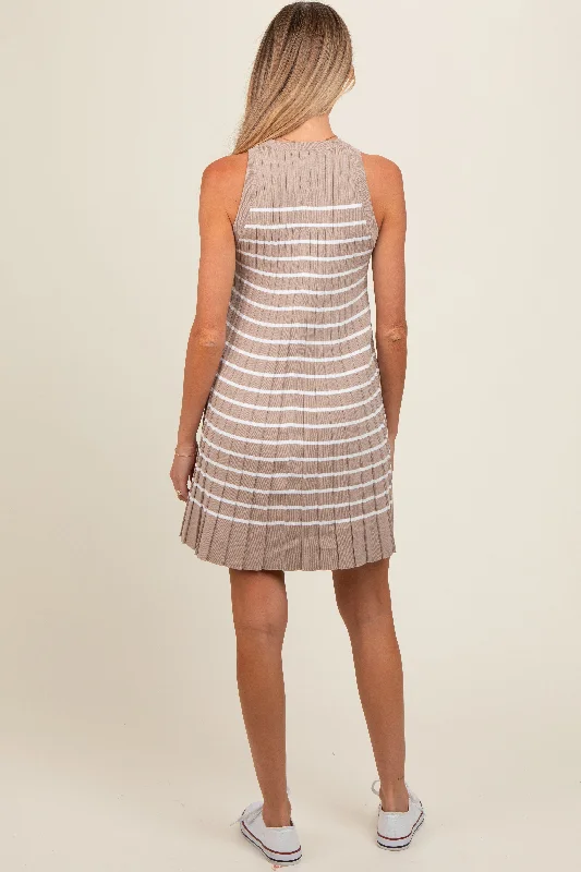 taupe-striped-sleeveless-pleated-maternity-mini-dress