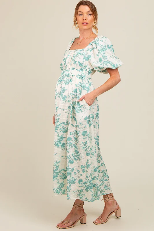 teal-floral-puff-sleeve-maternity-midi-dress